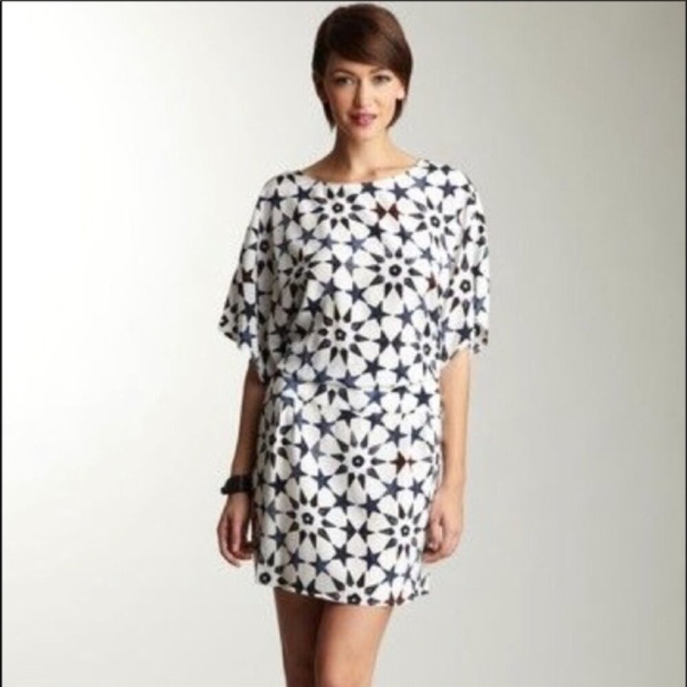 Adam Lippes Silk Star Print Dolman Sleeve Mini Dress Navy Cream‎ Size 6